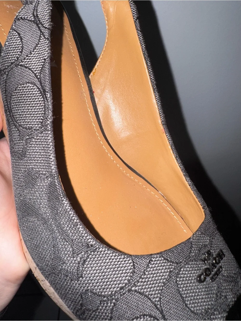 Coach Signature Dark Gray Peep-Toe Slingback Wedge Sandals 9B